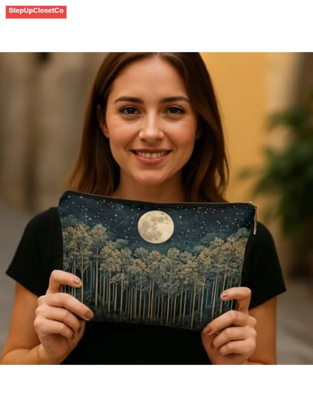Waterproof Linen Cosmetic Bag Toiletry Pouch Cottagecore Night Forest